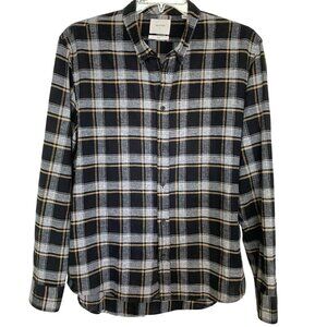 Billy Reid Slim Fit  Black & Beige Tartan Plaid Linen Blend Shirt Grunge Size L